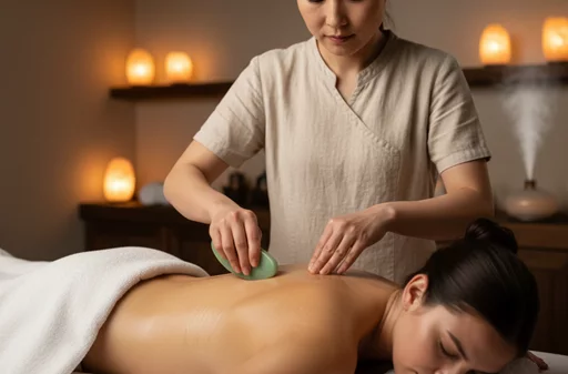 Praticienne réalisant un soin Gua Sha traditionnel dans un cabinet de massage à Uccle
