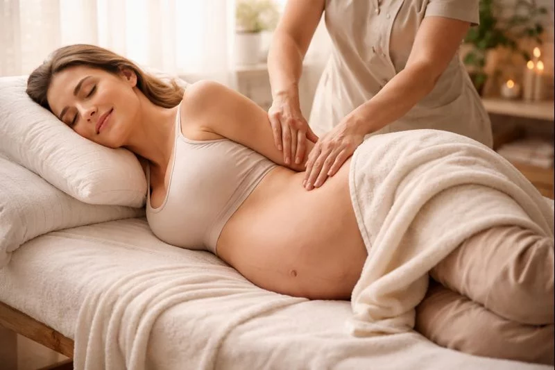 Praticienne effectuant un massage prénatal à Uccle