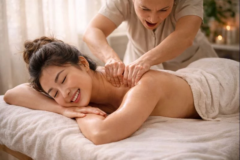 Praticienne effectuant un massage toniques pour soulager les tensions intenses et chroniques à Uccle